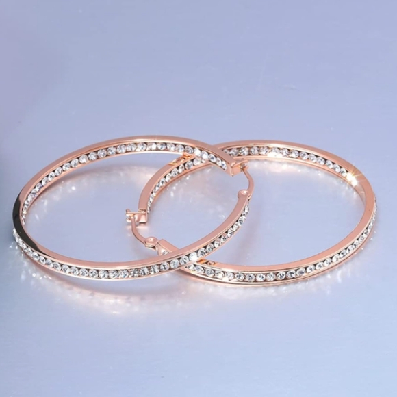 Rose Gold Clear Stone Rhinestone Hoop Earrings Sparkle CZ Crystal Channel Hoops - Picture 7 of 8
